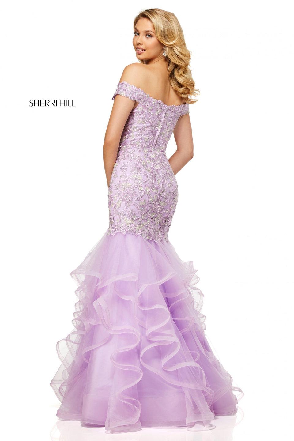 Sherri Hill Metallic Lace Mermaid With Off-the-shoulder Bodice And Ruffle Tulle Skirt