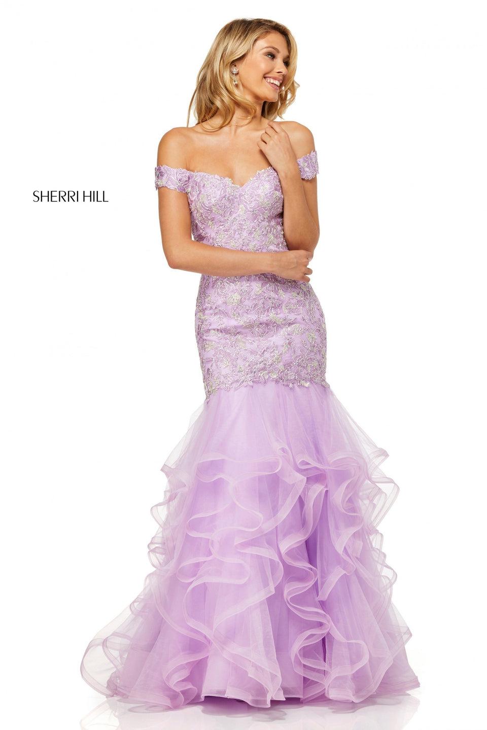 sherri hill Metallic lace mermaid with off-the-shoulder bodice and ruffle tulle skirt
