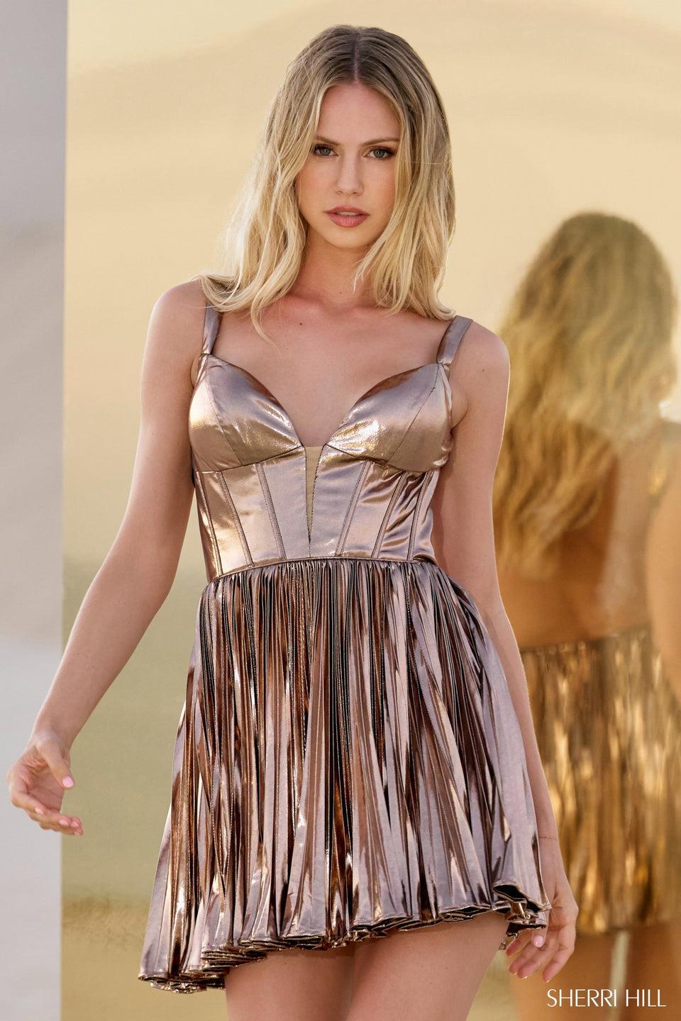 Sherri Hill Metallic Pleated Cocktail Dress With Open Back