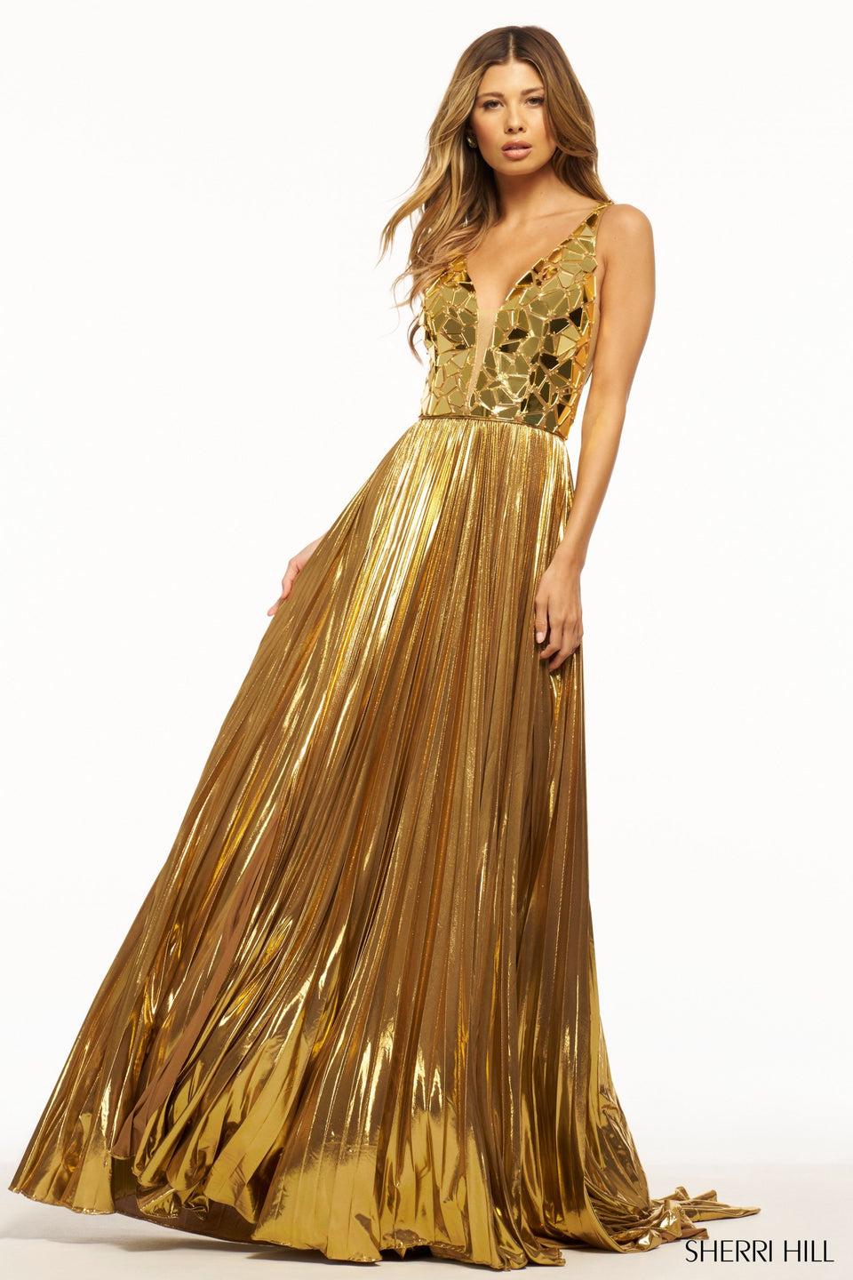 Sherri Hill Metallic Pleated Gown With Glass Cut Bodice V-Neckline And Skirt Slit