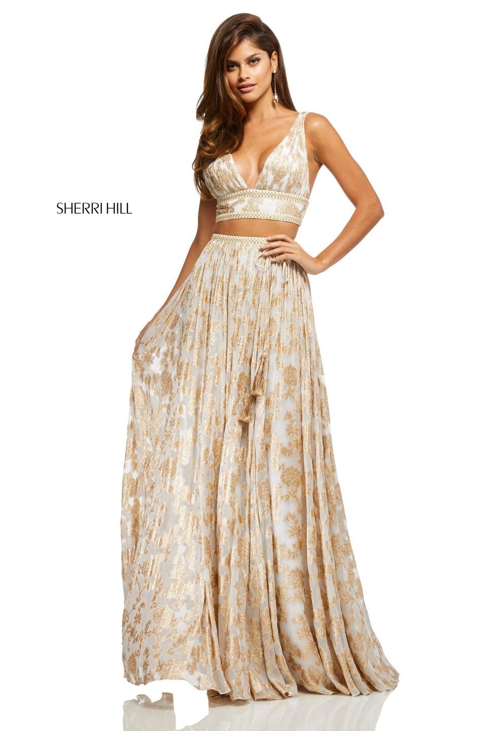 sherri hill Metallic print two-piece with plunging neckline bodice