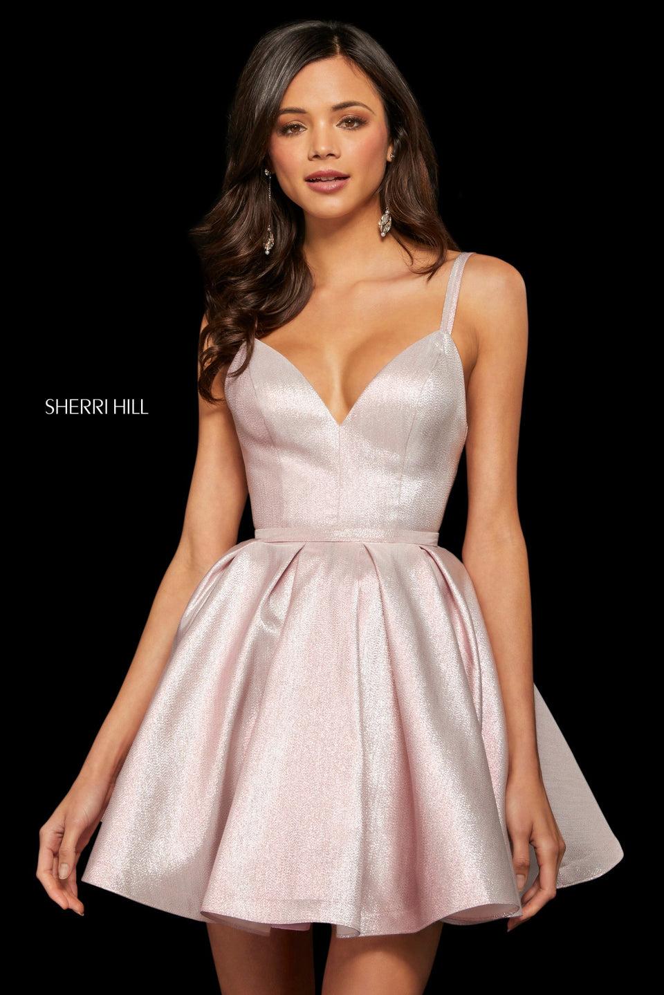 sherri hill Metallic shimmer A-line cocktail with V neckline and double straps