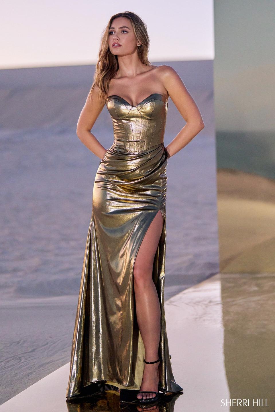 sherri hill Metallic strapless corset gown with skirt slit