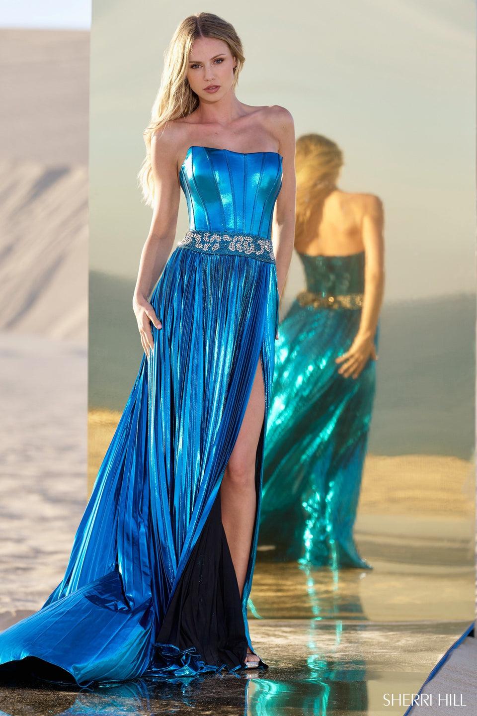 Sherri Hill Metallic Strapless Gown With Beaded Waistband And Pleated Skirt Slit