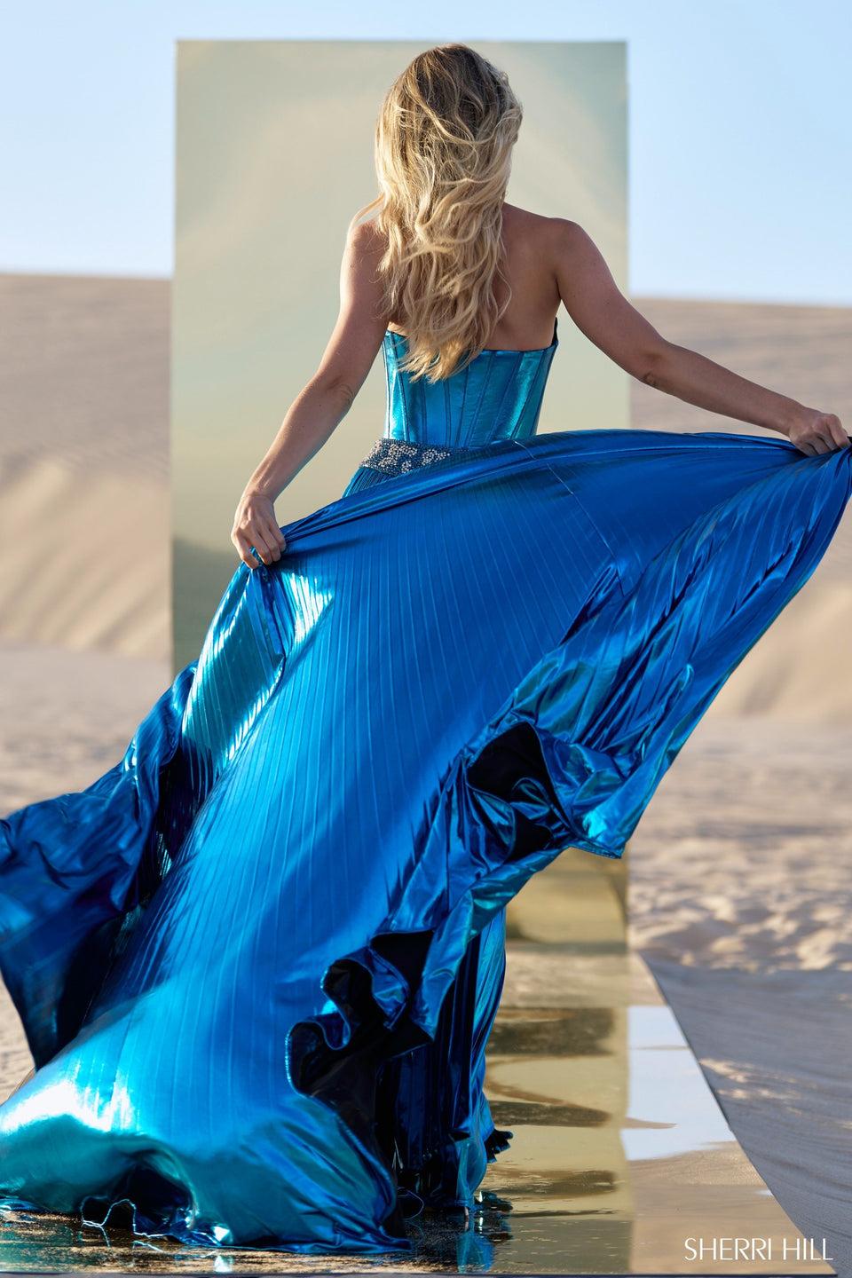 Sherri Hill Metallic Strapless Gown With Beaded Waistband And Pleated Skirt Slit