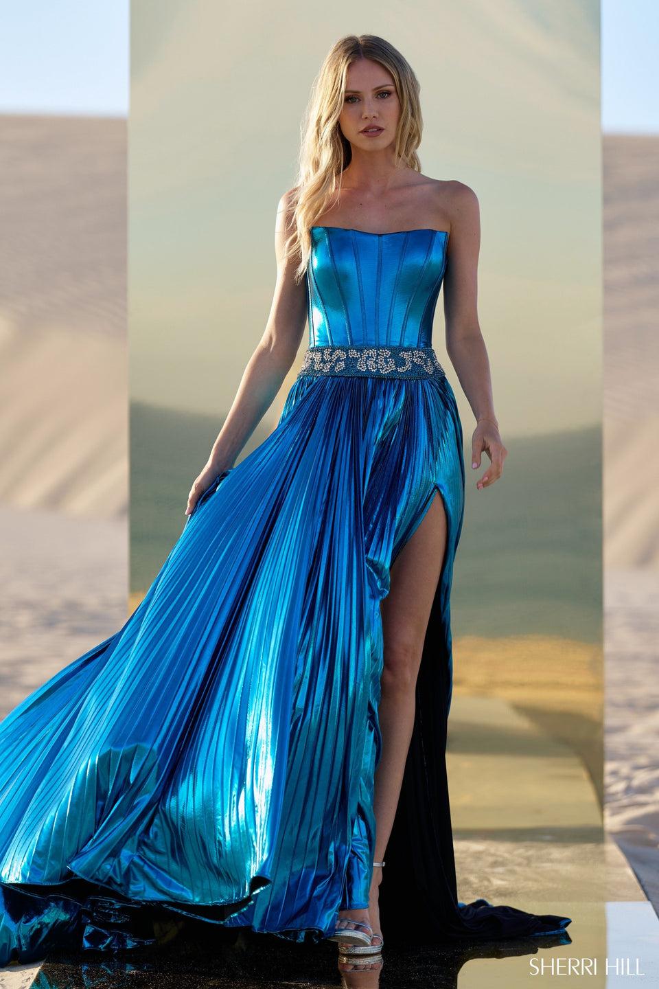 sherri hill Metallic strapless gown with beaded waistband and pleated skirt slit