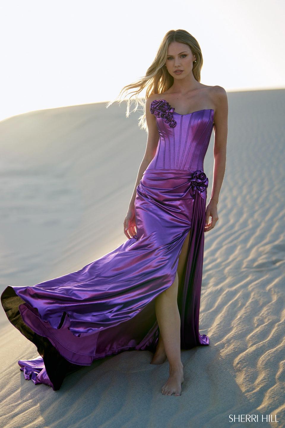 Sherri Hill Metallic Strapless Gown With Skirt Slit