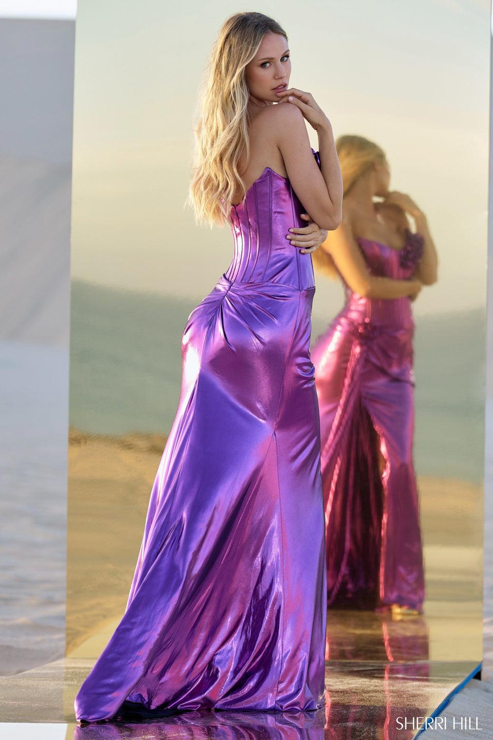 Sherri Hill Metallic Strapless Gown With Skirt Slit