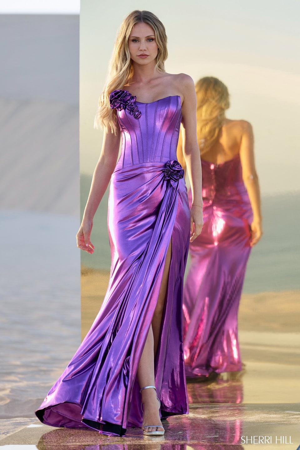 sherri hill Metallic strapless gown with skirt slit