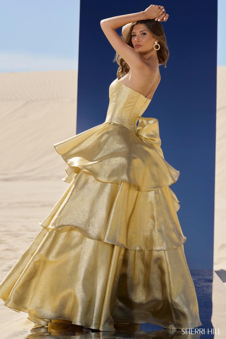 Sherri Hill Metallic Strapless Ruffle Gown With Skirt Slit