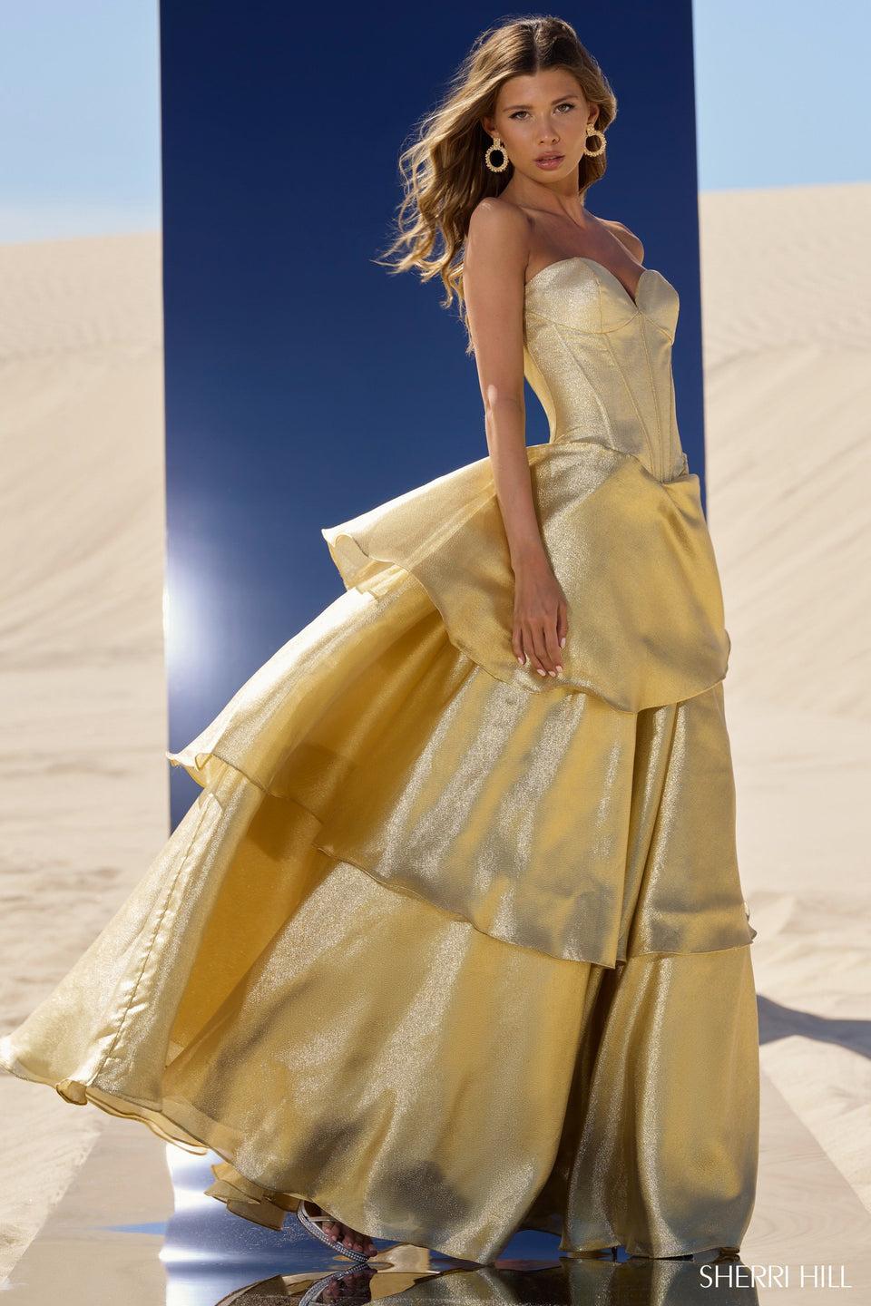 sherri hill Metallic strapless ruffle gown with skirt slit