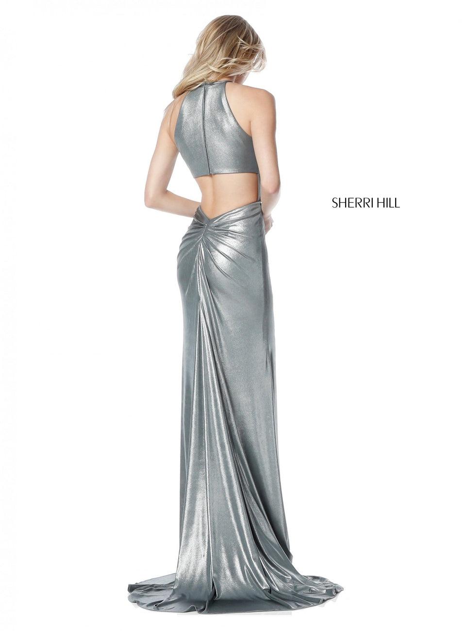 Sherri Hill Metallic Stretch Scuba Mermaid With Beaded High Neck And Keyhole Back