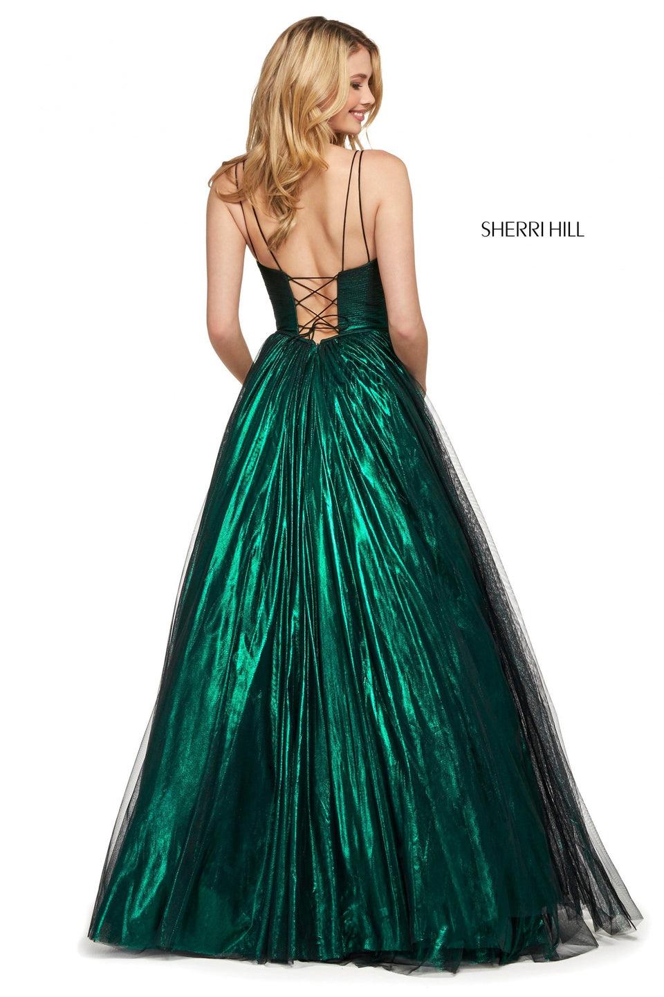 Sherri Hill Metallic Tulle A-line Dress With Ruched Wrap Bodice With Lace Up Back