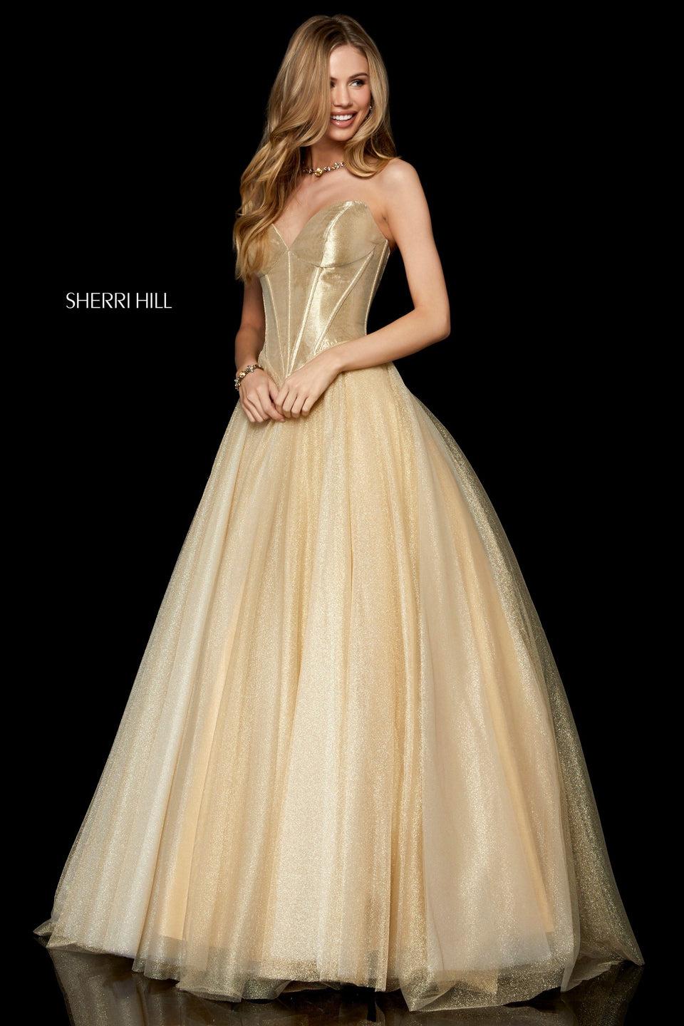 Sherri Hill Metallic Tulle Ball Gown With A Basque Waist And Metallic Corset Bodice