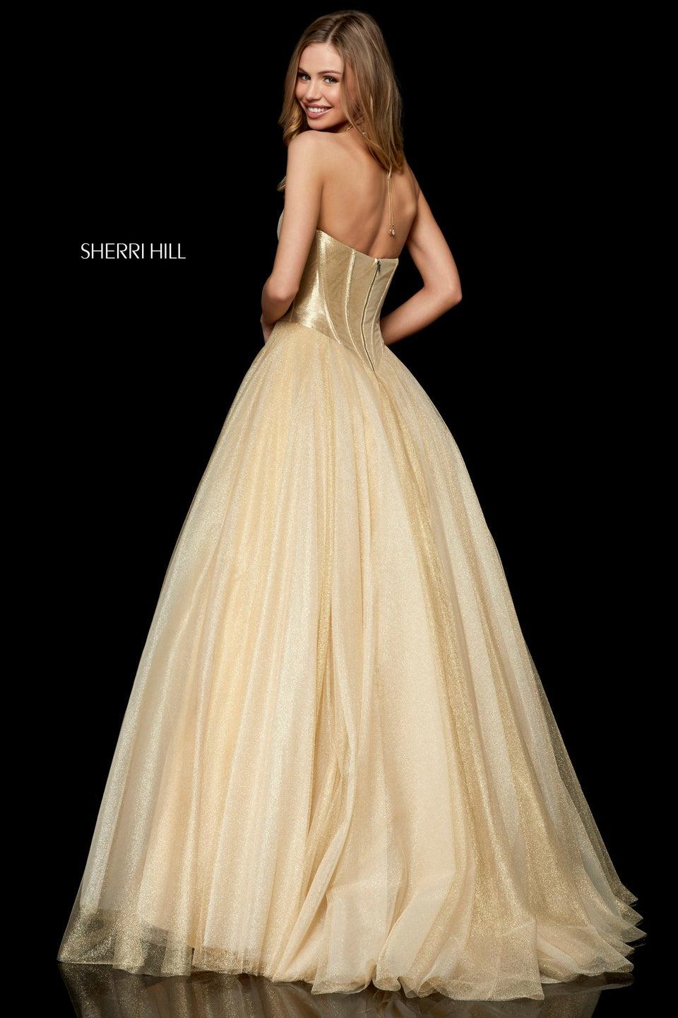 Sherri Hill Metallic Tulle Ball Gown With A Basque Waist And Metallic Corset Bodice