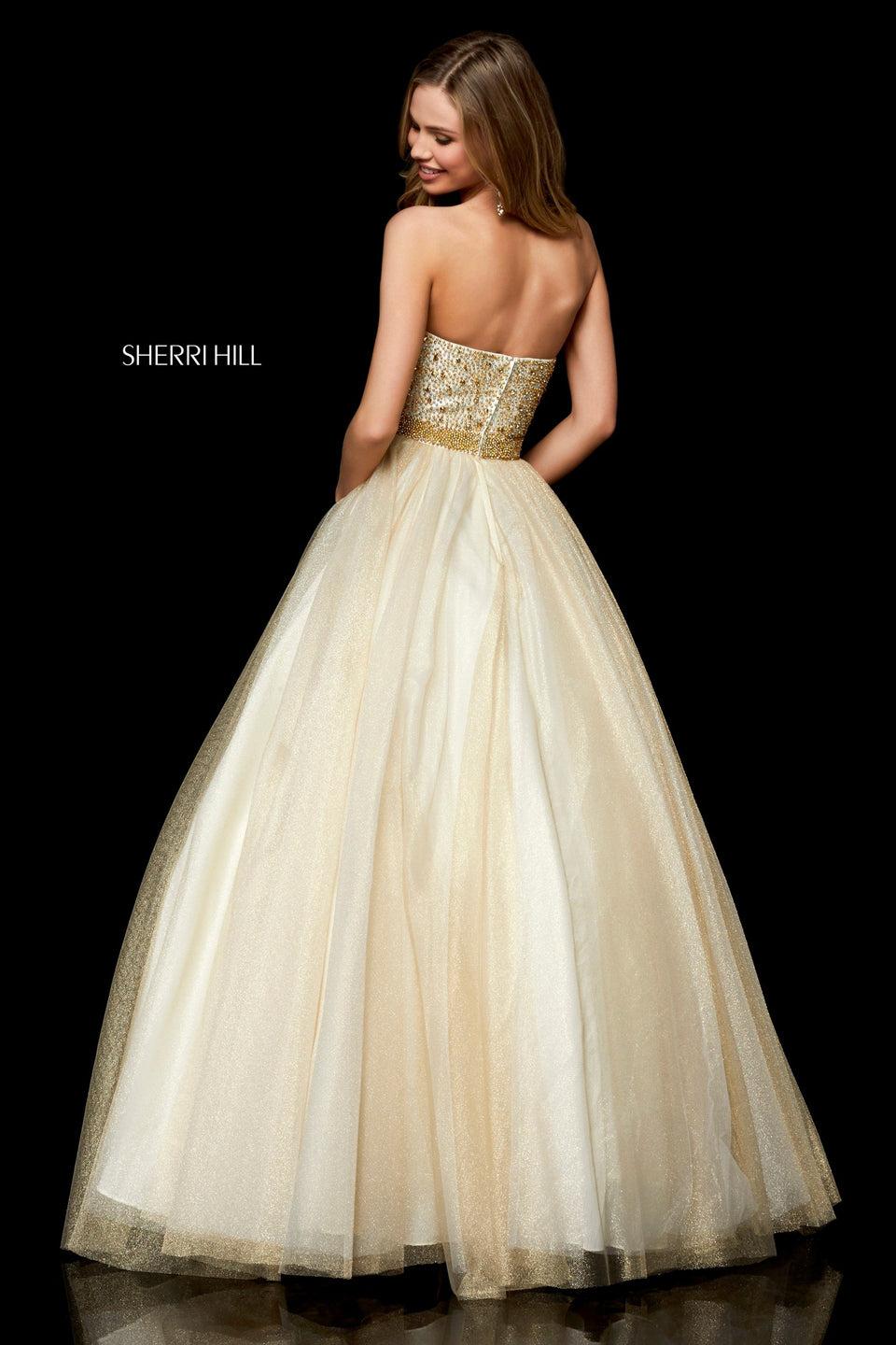 Sherri Hill Metallic Tulle Ball Gown With A Strapless Beaded Bodice And Waistband