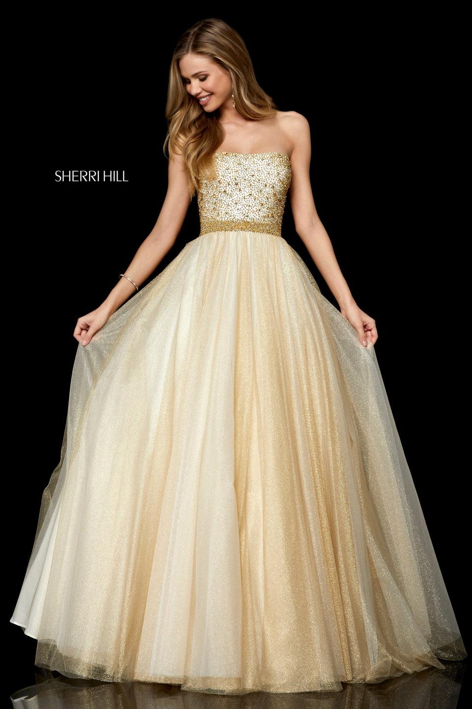 sherri hill Metallic tulle ball gown with a strapless beaded bodice and waistband