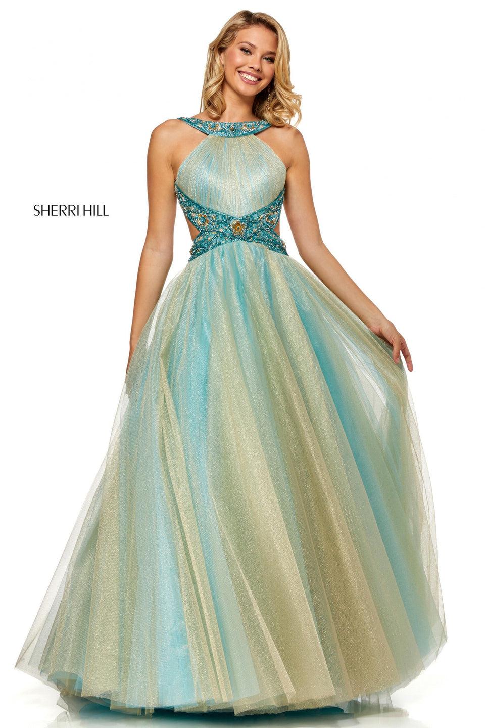 Sherri Hill Metallic Tulle Ball Gown With Beaded Cut Out Sides And Open Back