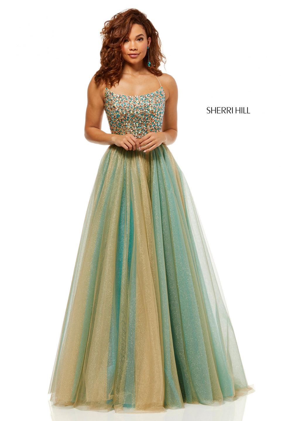 sherri hill Metallic tulle two-piece ball gown with a beaded lace up back bodice
