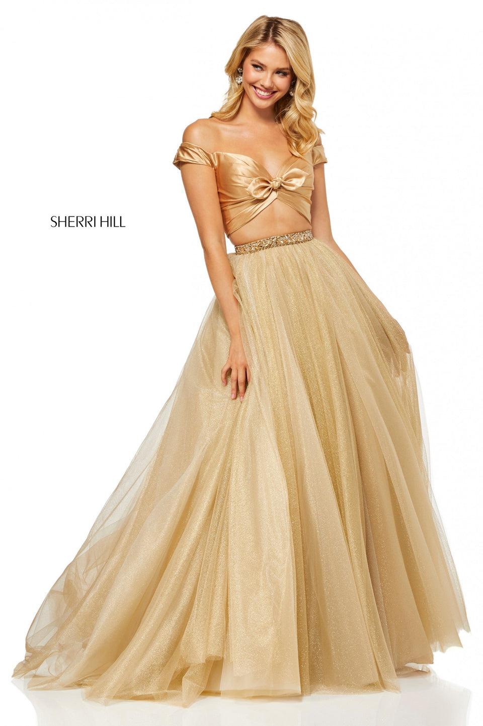 sherri hill Metallic tulle two-piece ball gown with satin twist front bodice