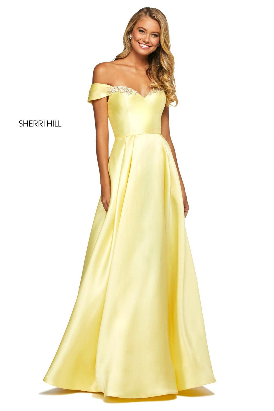 sherri hill Mikado A-line dress with off-the-shoulder sweetheart neckline and embellishments on bust