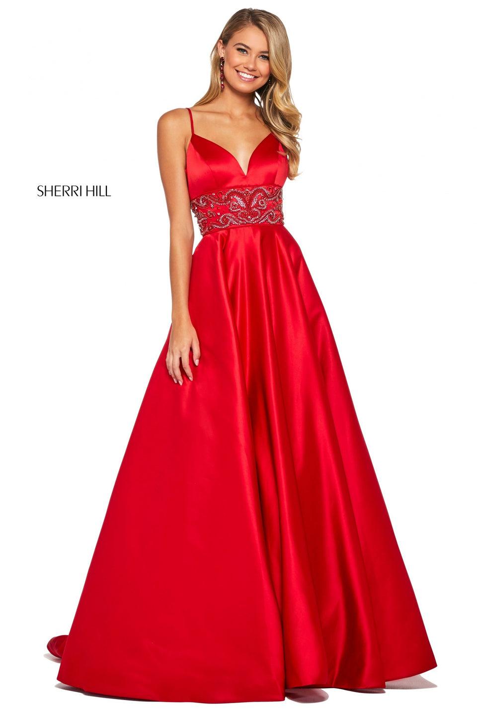 sherri hill Mikado A-line dress with sweetheart neckline wide beaded waistband and spaghetti straps