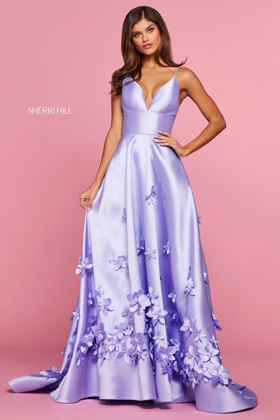 Sherri Hill Mikado A-line Dress With V Neckline And 3D Floral Detailing
