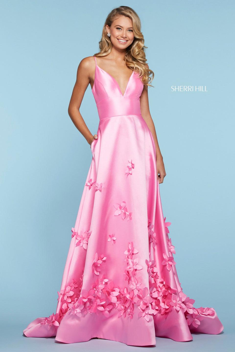 sherri hill Mikado A-line dress with V neckline and 3D floral detailing