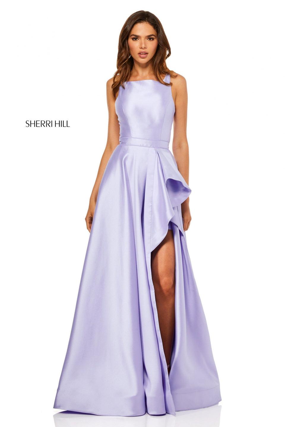 Sherri Hill Mikado A-line Gown With A Ruffle Front Slit And Cut Out Back