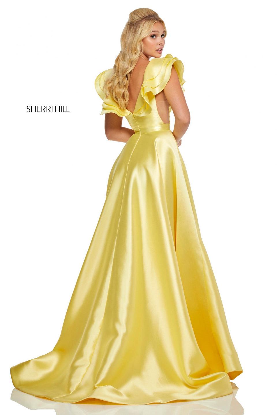 Sherri Hill Mikado A-line Gown With Ruffle Shoulders And Sheer Sides