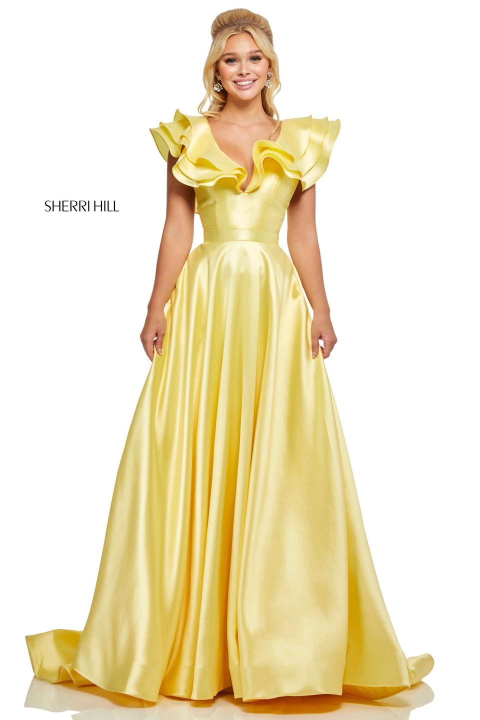 Sherri Hill Mikado A-line Gown With Ruffle Shoulders And Sheer Sides