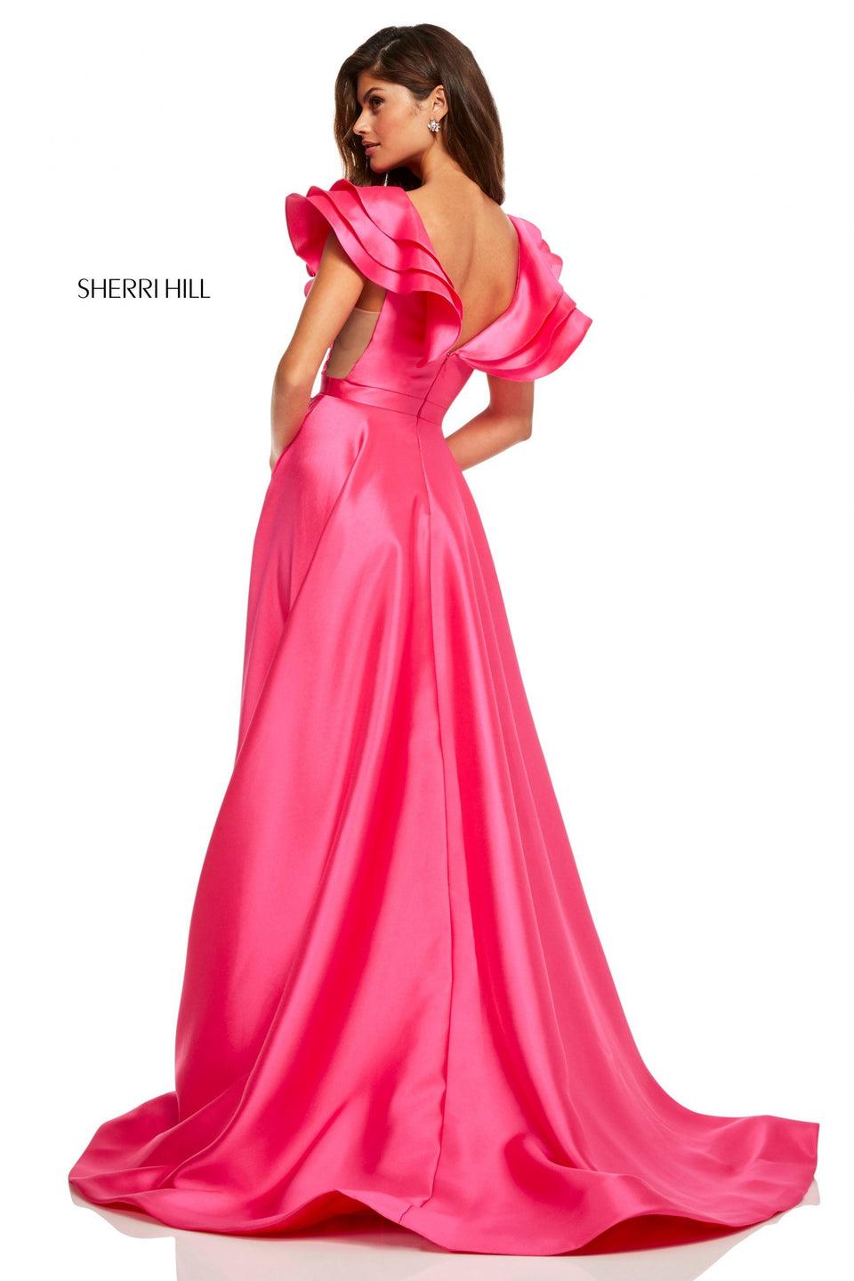 Sherri Hill Mikado A-line Gown With Ruffle Shoulders And Sheer Sides