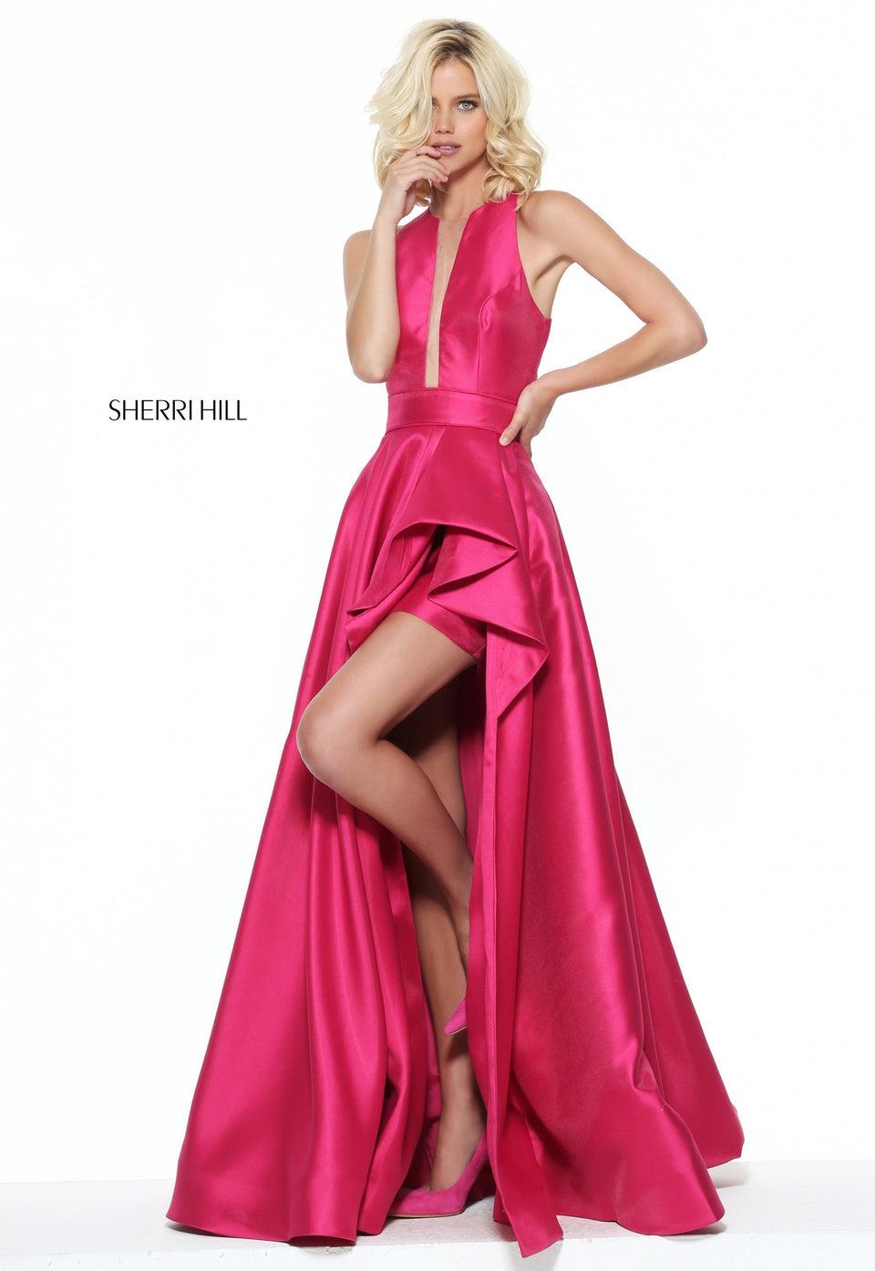 sherri hill Mikado A-line with a kick pleat front and cut out open back