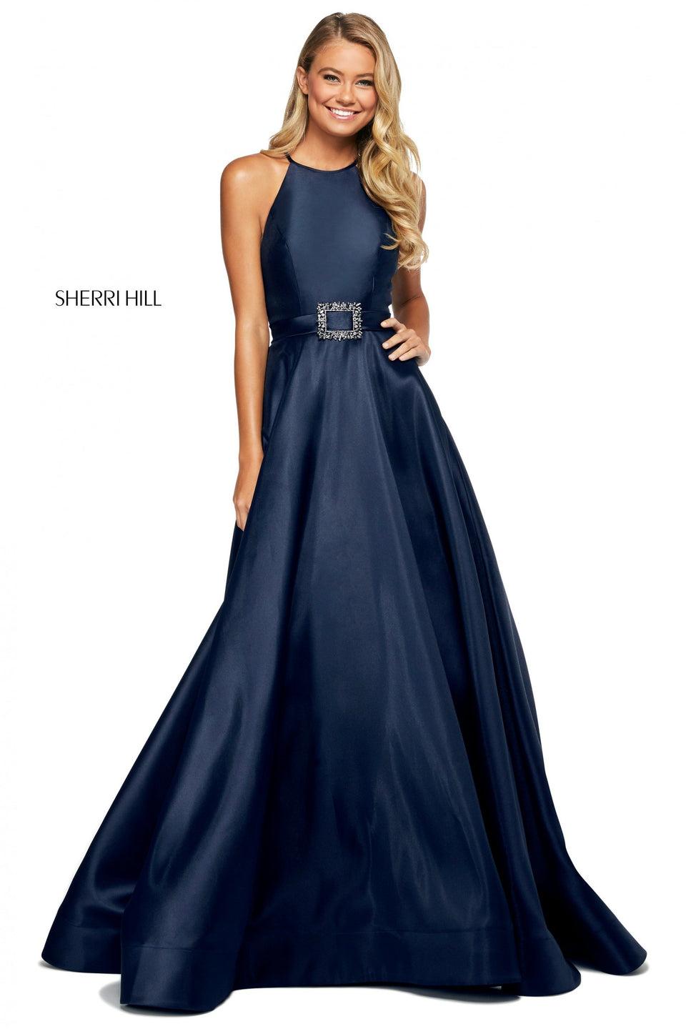 sherri hill Mikado A-line with high cut halter style neckline and belt with embellished buckle