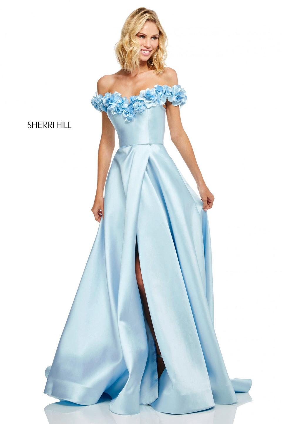 sherri hill Mikado A-line with slit skirt and 3D floral appliques on an off-the-shoulder neckline
