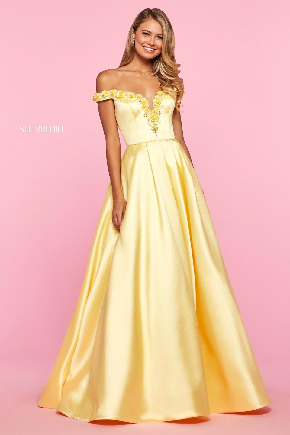 Sherri Hill Mikado A-line With V Neckline And Off-the-shoulder Straps Embellished With Flowers And Beading