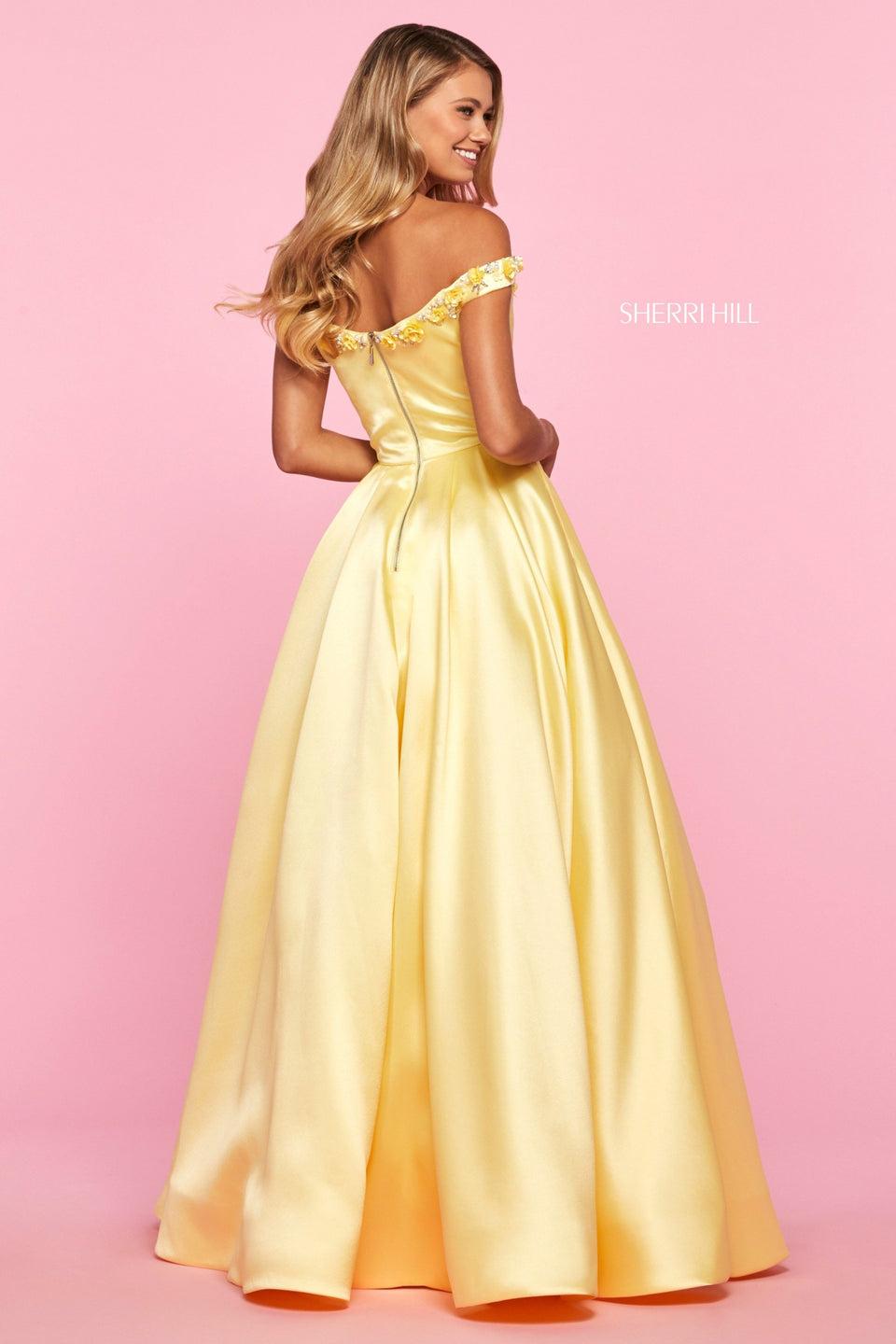 Sherri Hill Mikado A-line With V Neckline And Off-the-shoulder Straps Embellished With Flowers And Beading