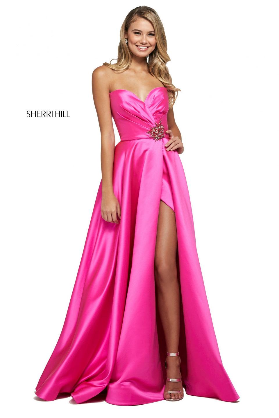 sherri hill Mikado A-line wrap dress with strapless sweetheart neckline pleated bodice and embellishments on waist