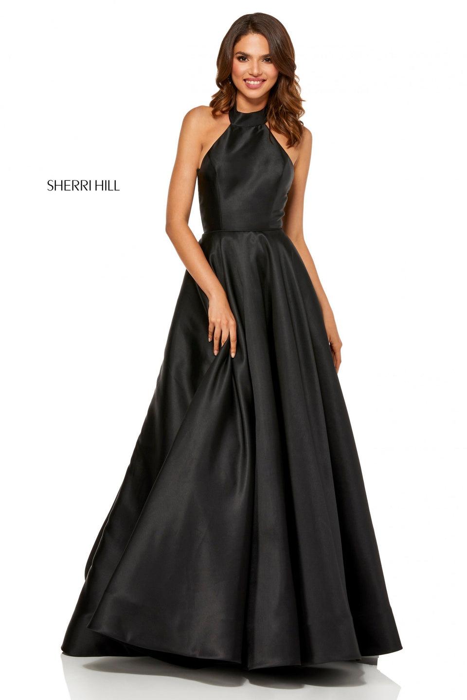 sherri hill Mikado ball gown with a high neck halter bodice and sheer lace panel in the back