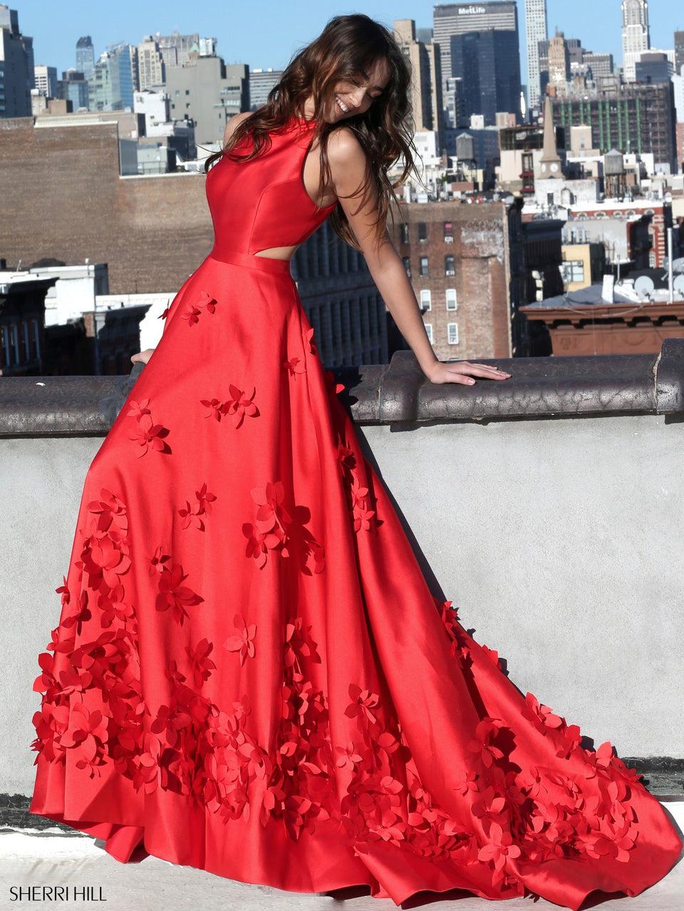 Sherri Hill Mikado Ball Gown With Cut Out Sides And 3D Flowers Along Skirt