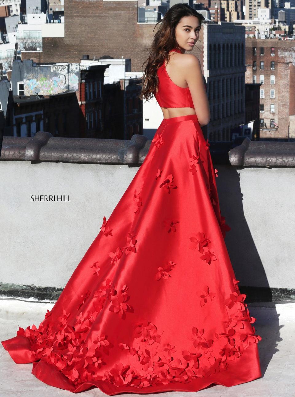 Sherri Hill Mikado Ball Gown With Cut Out Sides And 3D Flowers Along Skirt