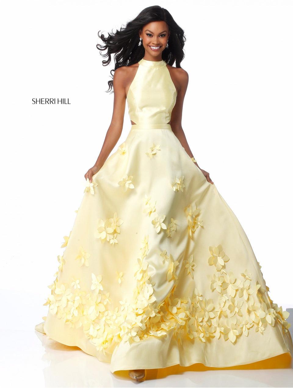 sherri hill Mikado ball gown with cut out sides and 3D flowers along skirt