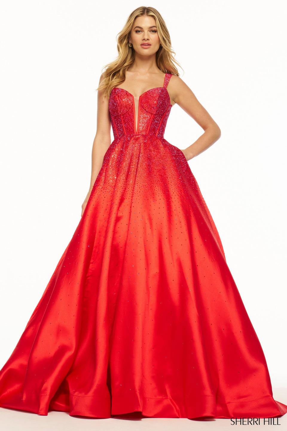 Sherri Hill Mikado Ball Gown With Hot Fix And Deep V Illusion And Crochet Style Lace Up Back