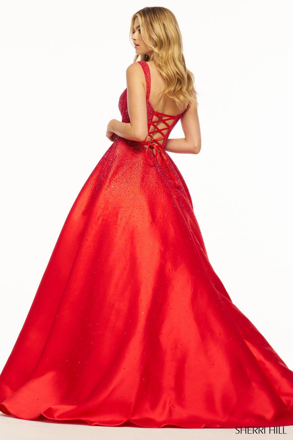 Sherri Hill Mikado Ball Gown With Hot Fix And Deep V Illusion And Crochet Style Lace Up Back