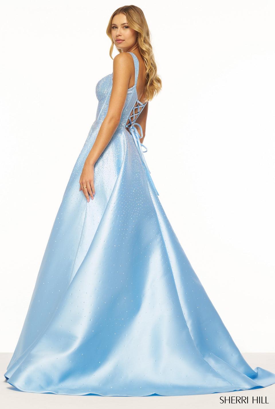 Sherri Hill Mikado Ball Gown With Hot Fix And Deep V Illusion And Crochet Style Lace Up Back