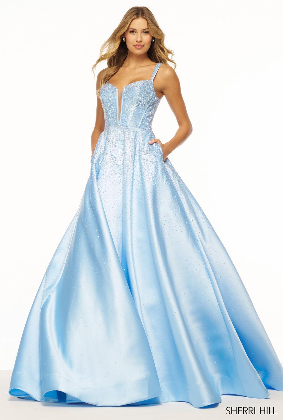 sherri hill Mikado ball gown with hot fix and deep V illusion and crochet style lace up back