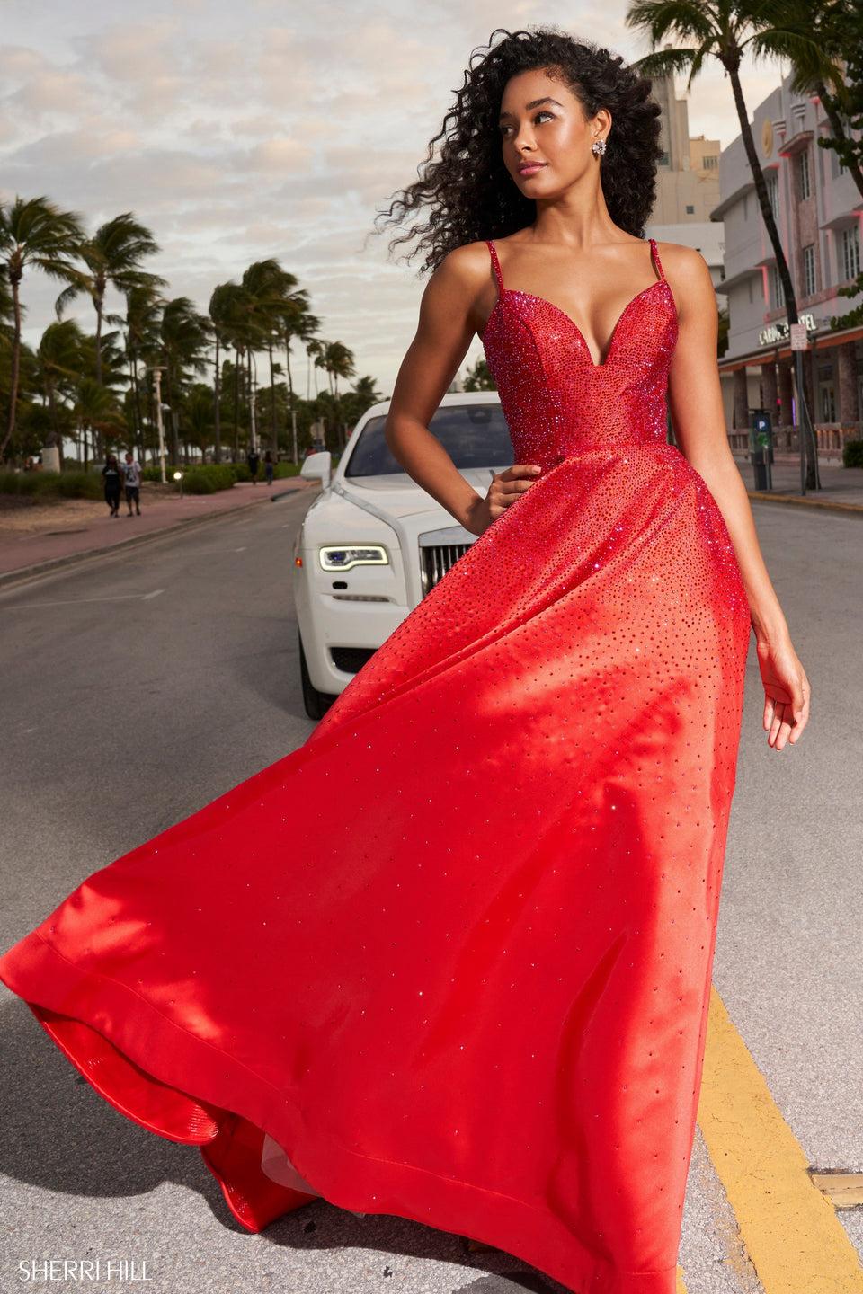 sherri hill Mikado ball gown with hot fix and deep v neckline and crochet style lace up back