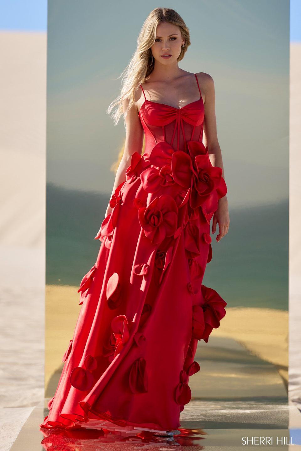 Sherri Hill Mikado Ball Gown With Sheer Corset Bodice And 3D Flower Skirt