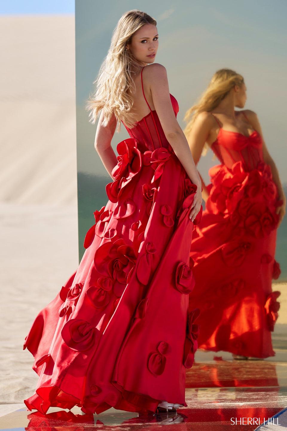 Sherri Hill Mikado Ball Gown With Sheer Corset Bodice And 3D Flower Skirt