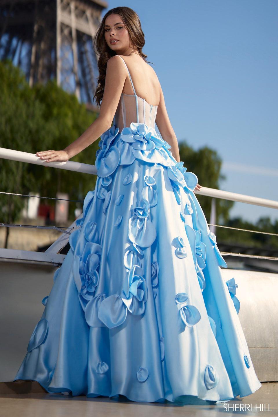 Sherri Hill Mikado Ball Gown With Sheer Corset Bodice And 3D Flower Skirt